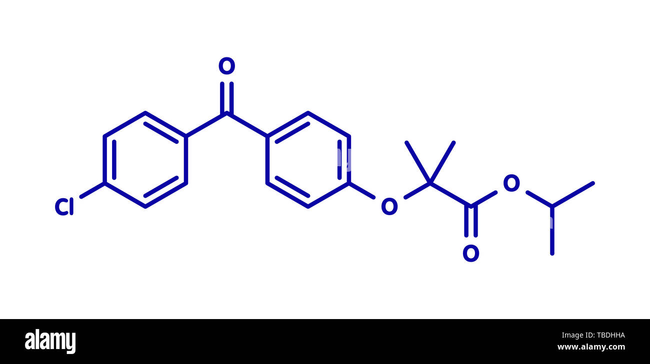 Fenofibrate Colesterolo farmaco (fibrato classe molecola). Blu formula scheletrico su sfondo bianco. Foto Stock