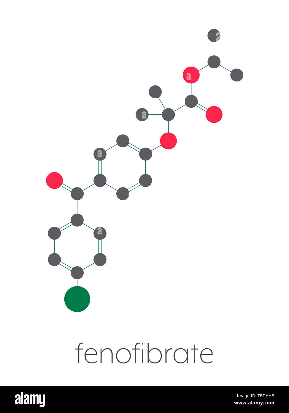 Fenofibrate Colesterolo farmaco (fibrato classe molecola). Stilizzata di scheletro di formula (struttura chimica). Gli atomi sono mostrati come codificati per colore cerchi collegati da legami sottili, su sfondo bianco: idrogeno (nascosto), carbonio (grigio), Ossigeno (rosso), cloro (verde) Foto Stock