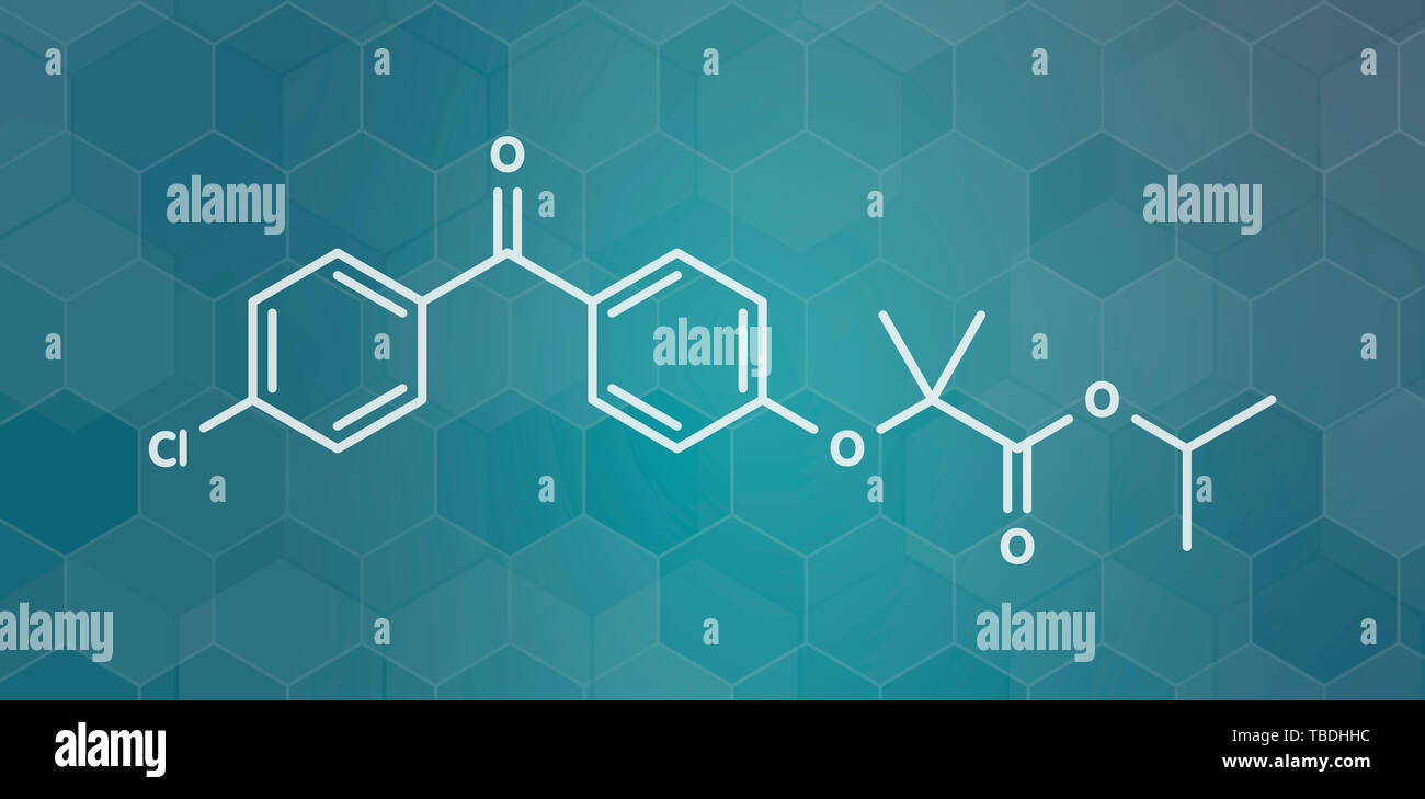 Fenofibrate Colesterolo farmaco (fibrato classe molecola). Bianco formula scheletrico sul verde acqua scuro gradiente dello sfondo con configurazione esagonale. Foto Stock