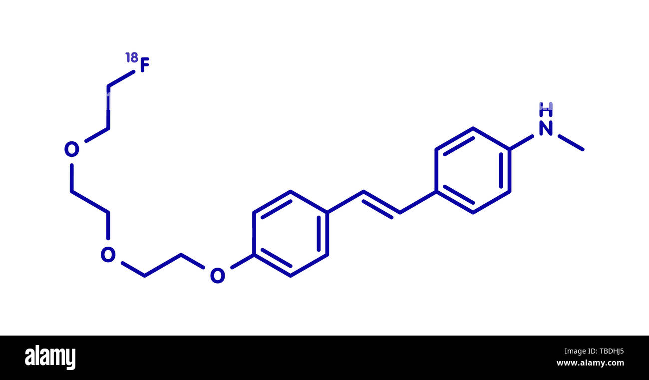 Radiofarmaco Florbetaben molecola. Utilizzata per l'imaging di beta-amiloide placche nella malattia di Alzheimer da PET. Blu formula scheletrico su sfondo bianco. Foto Stock