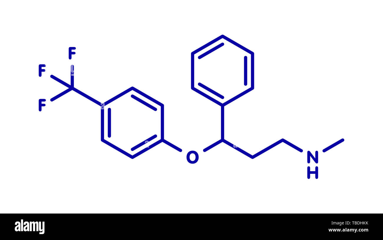 La fluoxetina farmaco antidepressivo (SSRI classe molecola). Blu formula scheletrico su sfondo bianco. Foto Stock