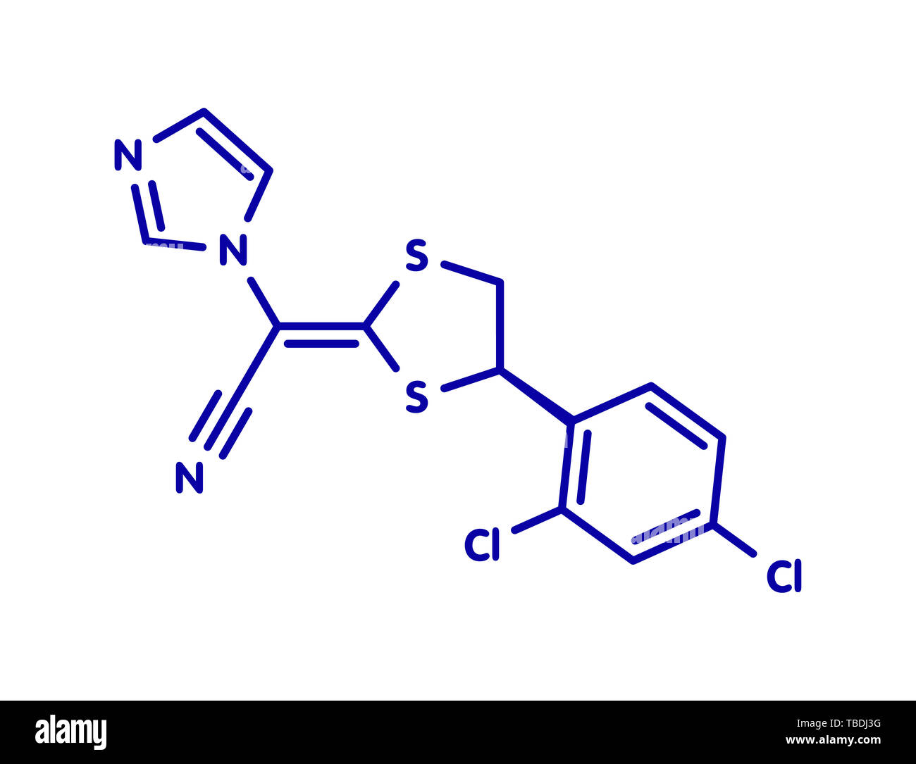 Luliconazole farmaco antifungino molecola. Blu formula scheletrico su sfondo bianco. Foto Stock