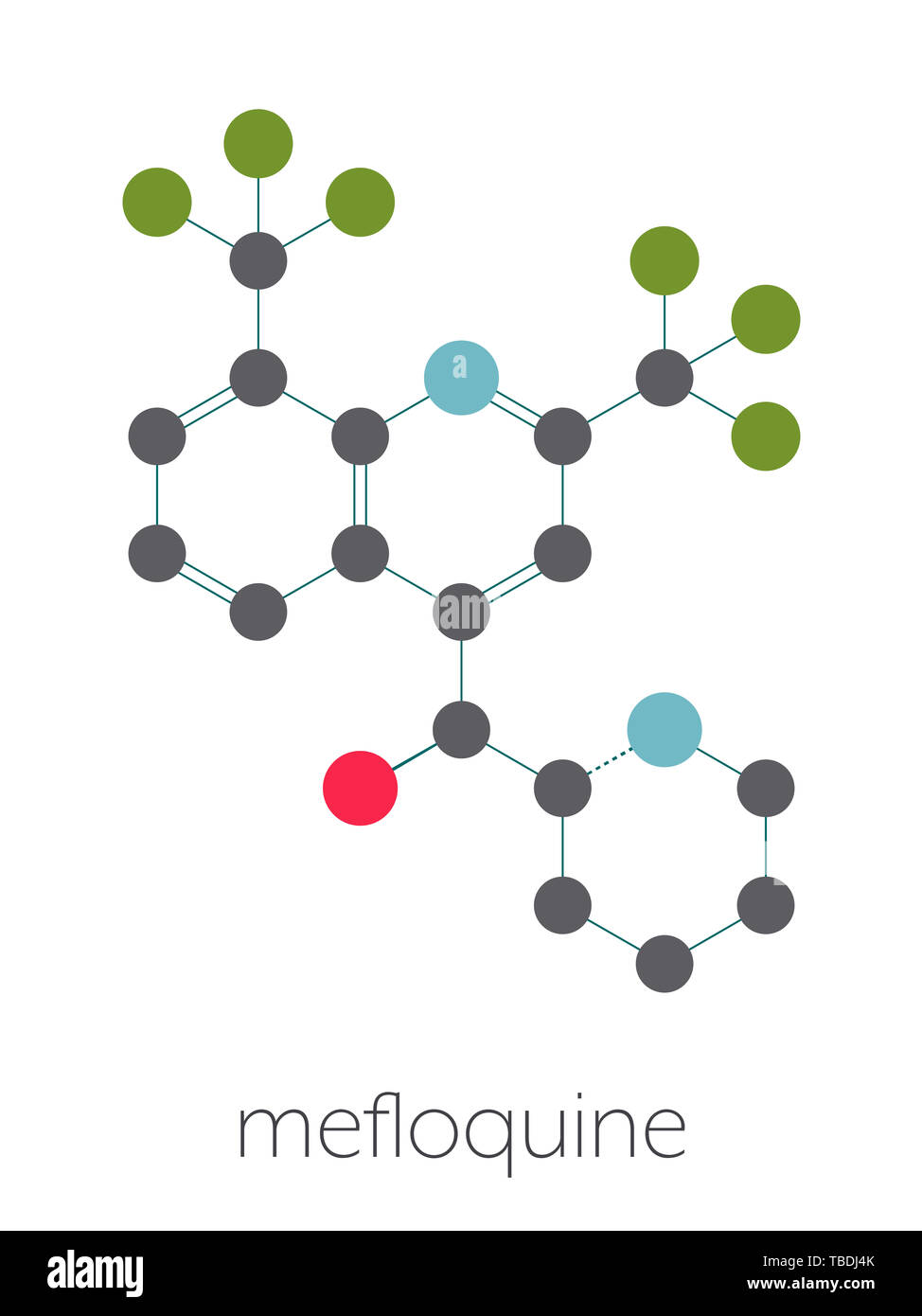 Mefloquine malaria molecola di farmaco. Stilizzata di scheletro di formula (struttura chimica). Gli atomi sono mostrati come codificati per colore cerchi collegati da legami sottili, su sfondo bianco: idrogeno (nascosto), carbonio (grigio), Azoto (blu), Ossigeno (rosso), il fluoro (verde). Foto Stock