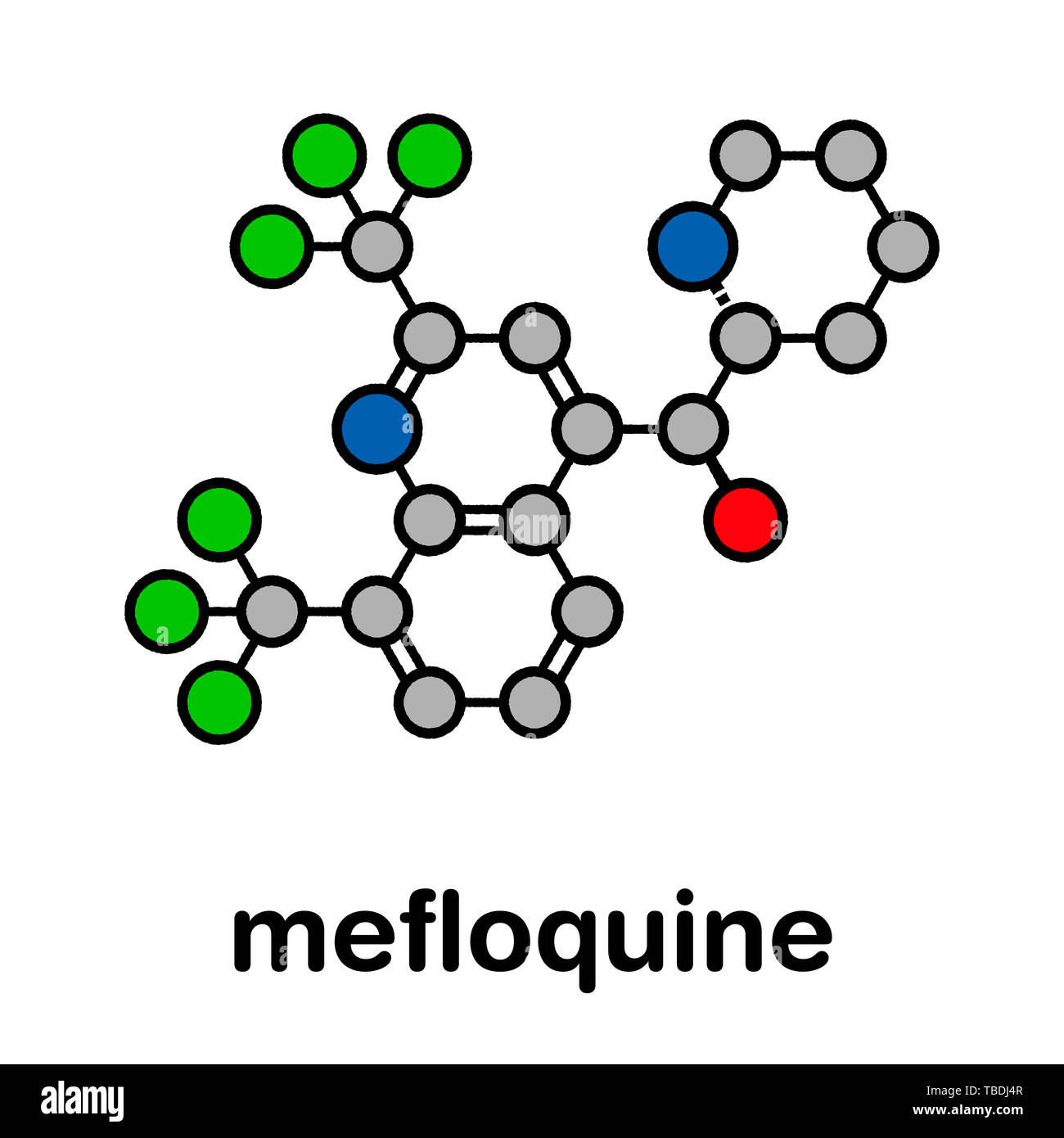 Mefloquine malaria molecola di farmaco. Stilizzata di scheletro di formula (struttura chimica). Gli atomi sono mostrati come codificati per colore cerchi con spessi contorni neri e legami idrogeno (nascosto), carbonio (grigio), Azoto (blu), Ossigeno (rosso), il fluoro (verde). Foto Stock