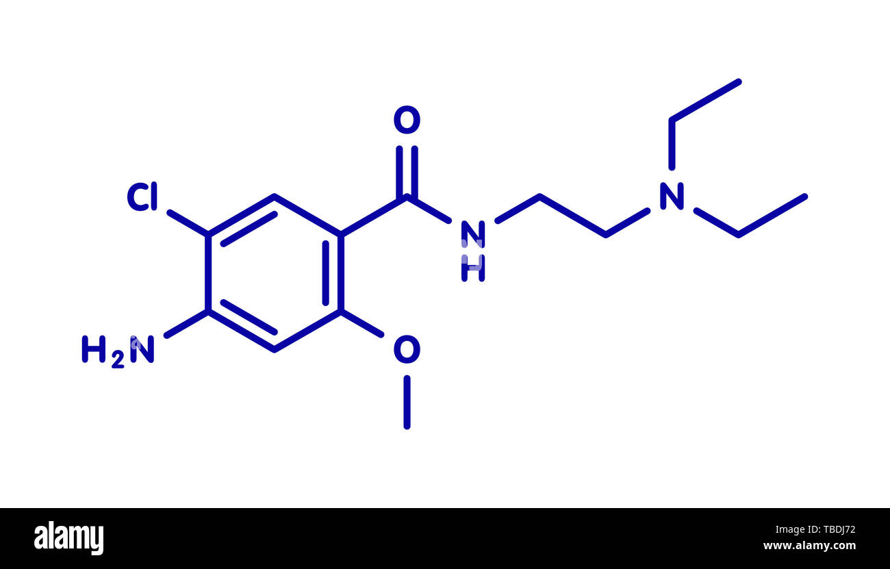 Metoclopramide nausea e vomito trattamento molecola di farmaco. Blu formula scheletrico su sfondo bianco. Foto Stock