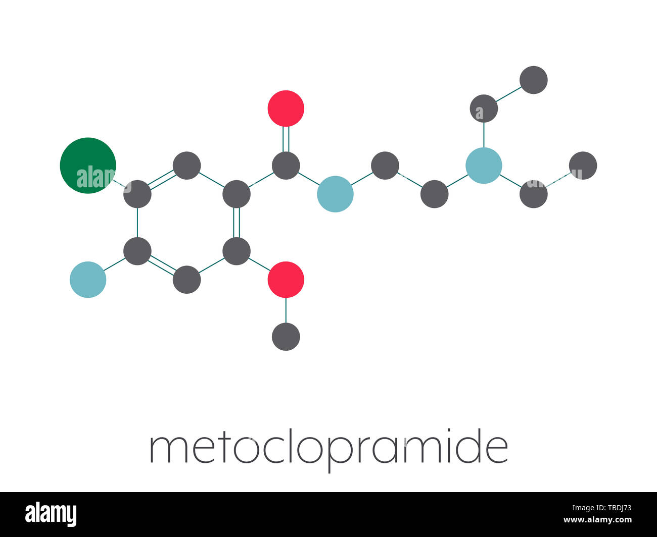 Metoclopramide nausea e vomito trattamento molecola di farmaco. Stilizzata di scheletro di formula (struttura chimica). Gli atomi sono mostrati come codificati per colore cerchi collegati da legami sottili, su sfondo bianco: idrogeno (nascosto), carbonio (grigio), Ossigeno (rosso), Azoto (blu), cloro (verde) Foto Stock