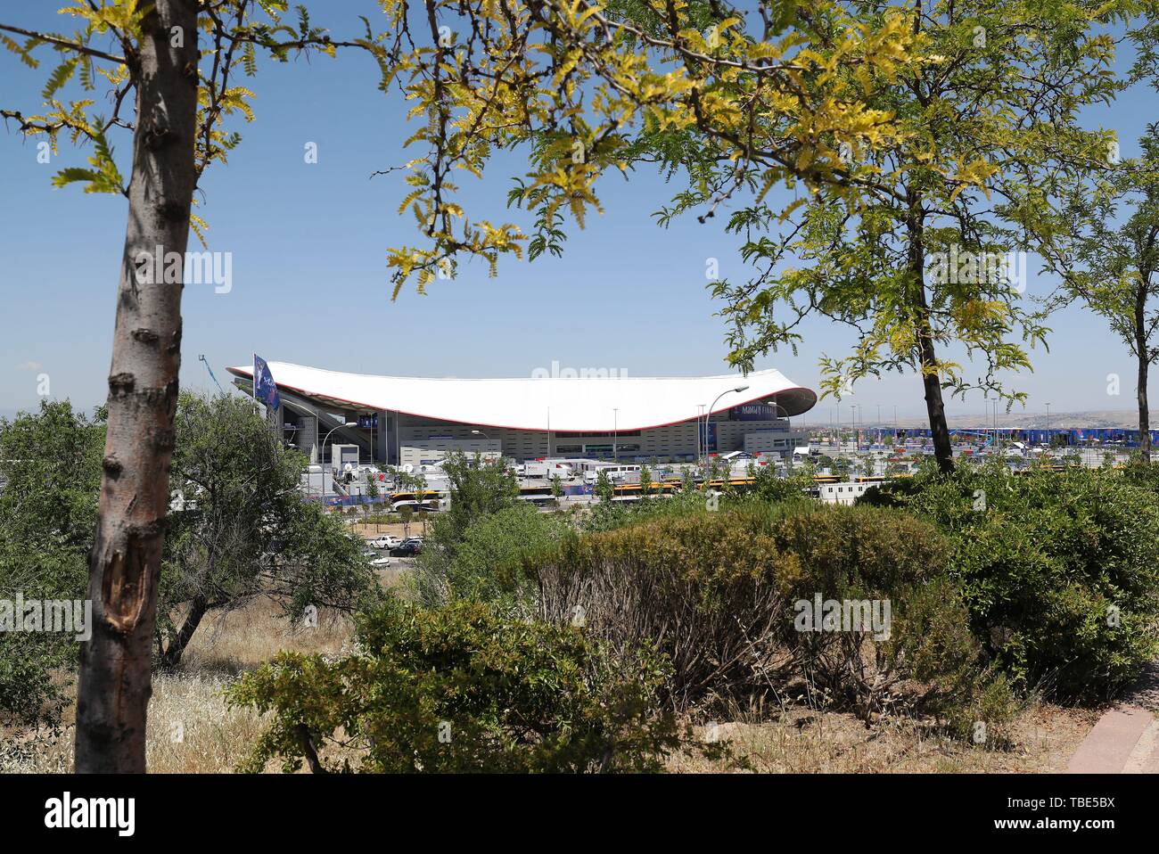 Madrid, Spagna. Dal 01 Giugno, 2019. firo: 01.06.2019 Calcio, calcio: la UEFA Champions League, CL, CHL stagione finale 2018/2019, Finale finale di Tottenham Hotspur - Liverpool FC esterno, esterno, Wanda Metropolitano, Atletico Madrid Stadium, panoramica | Utilizzo di credito in tutto il mondo: dpa/Alamy Live News Foto Stock