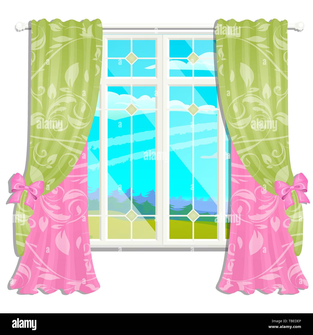 La finestra che si affaccia sul prato soleggiato di erba verde in estate isolati su sfondo bianco. Interior design luxury country house. Un bel giorno Illustrazione Vettoriale