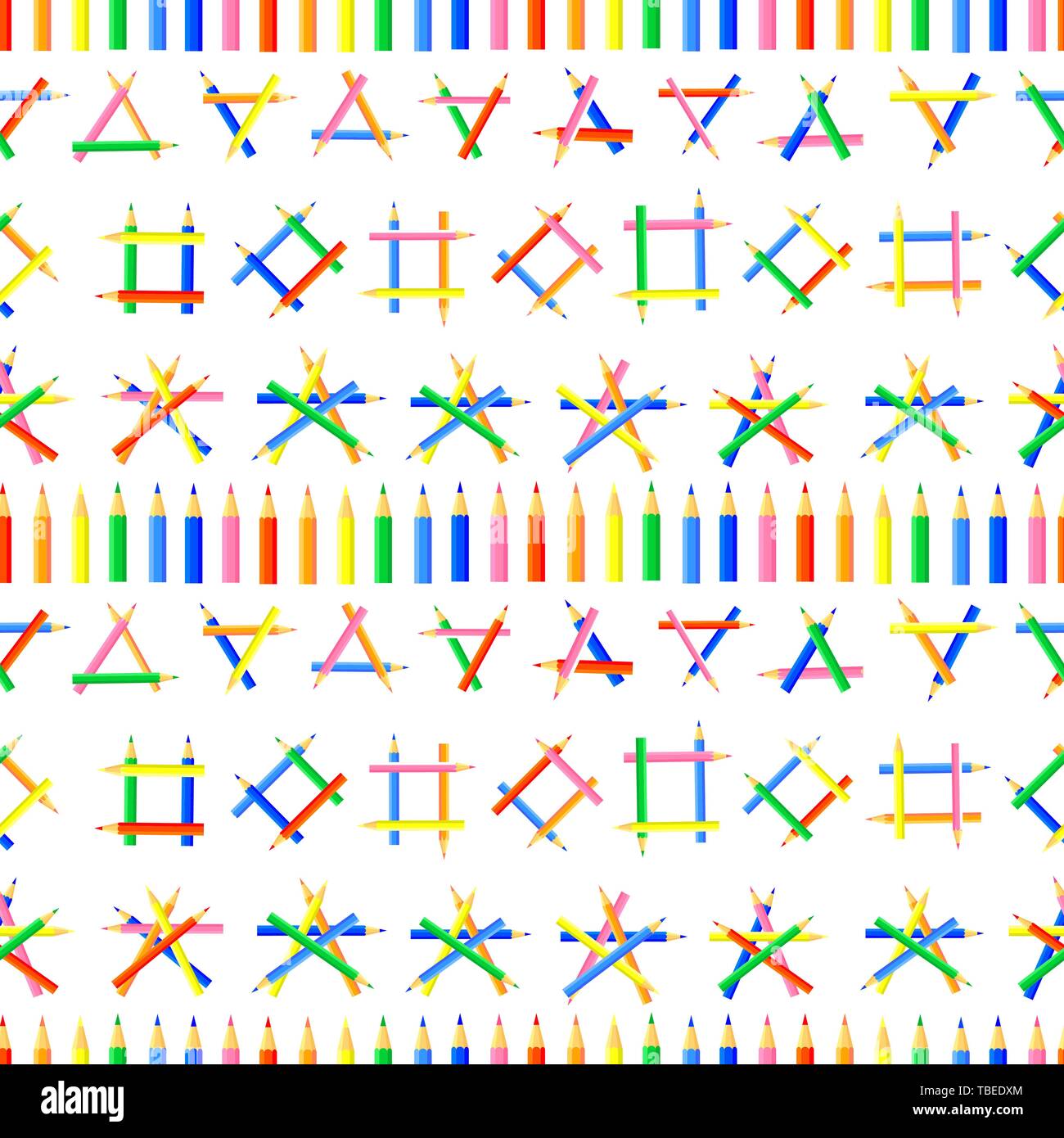 Vector seamless pattern. Una fila di matite colorate e varie forme create dalle matite appuntite. Sito di sfondo per gli artisti, tessuti, bambini. Illustrazione Vettoriale