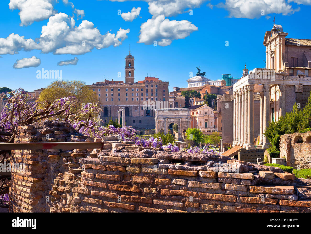 Storico Forum Romano a Roma panoramico vista primavera, capitale d'Italia Foto Stock