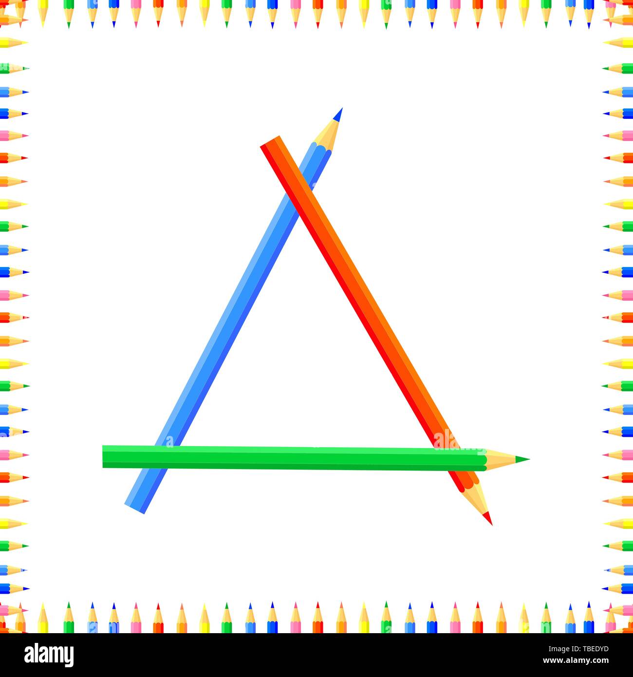Vector colorato modello senza giunture. Righe colorate matite appuntite formano una cornice. All'interno del triangolo. Un buon sito di sfondo per gli artisti, tessuti, bambini Illustrazione Vettoriale