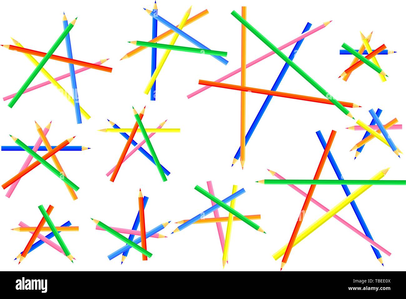 Forme pentagonale sono lavorati da appuntite matite colorate. Pagina web interessante per gli artisti e i bambini. Illustrazione Vettoriale. Illustrazione Vettoriale