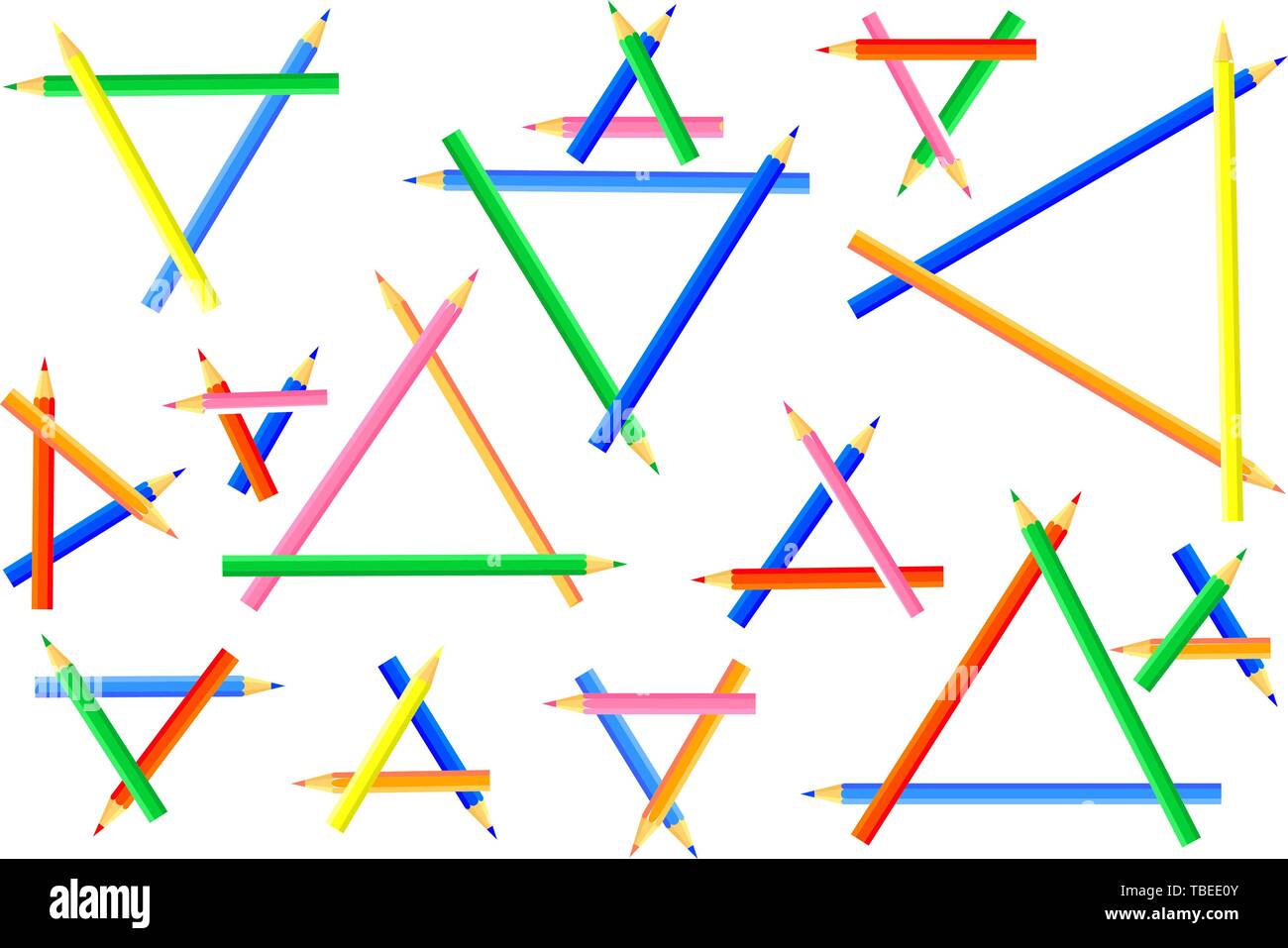 I triangoli, creato da matite colorate. Appuntite matite colorate per gli artisti e i bambini. Illustrazione Vettoriale