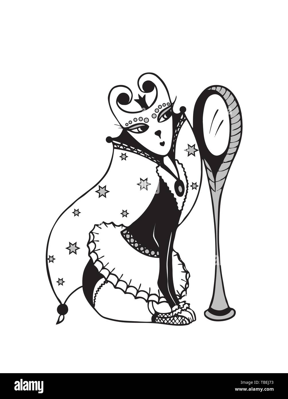 Splendida principessa gatto signora guarda nello specchio. Vettore. Isola. Illustrazione Vettoriale