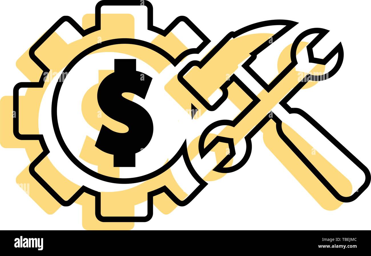 Dollaro icona ingranaggi con vettore di strumenti Illustrazione Vettoriale
