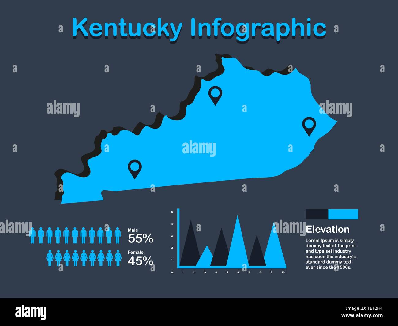 Stato del Kentucky (USA) Mappa con set di elementi infografico in colore blu in uno sfondo scuro. Informazioni moderno elemento di grafica per il tuo design. Illustrazione Vettoriale