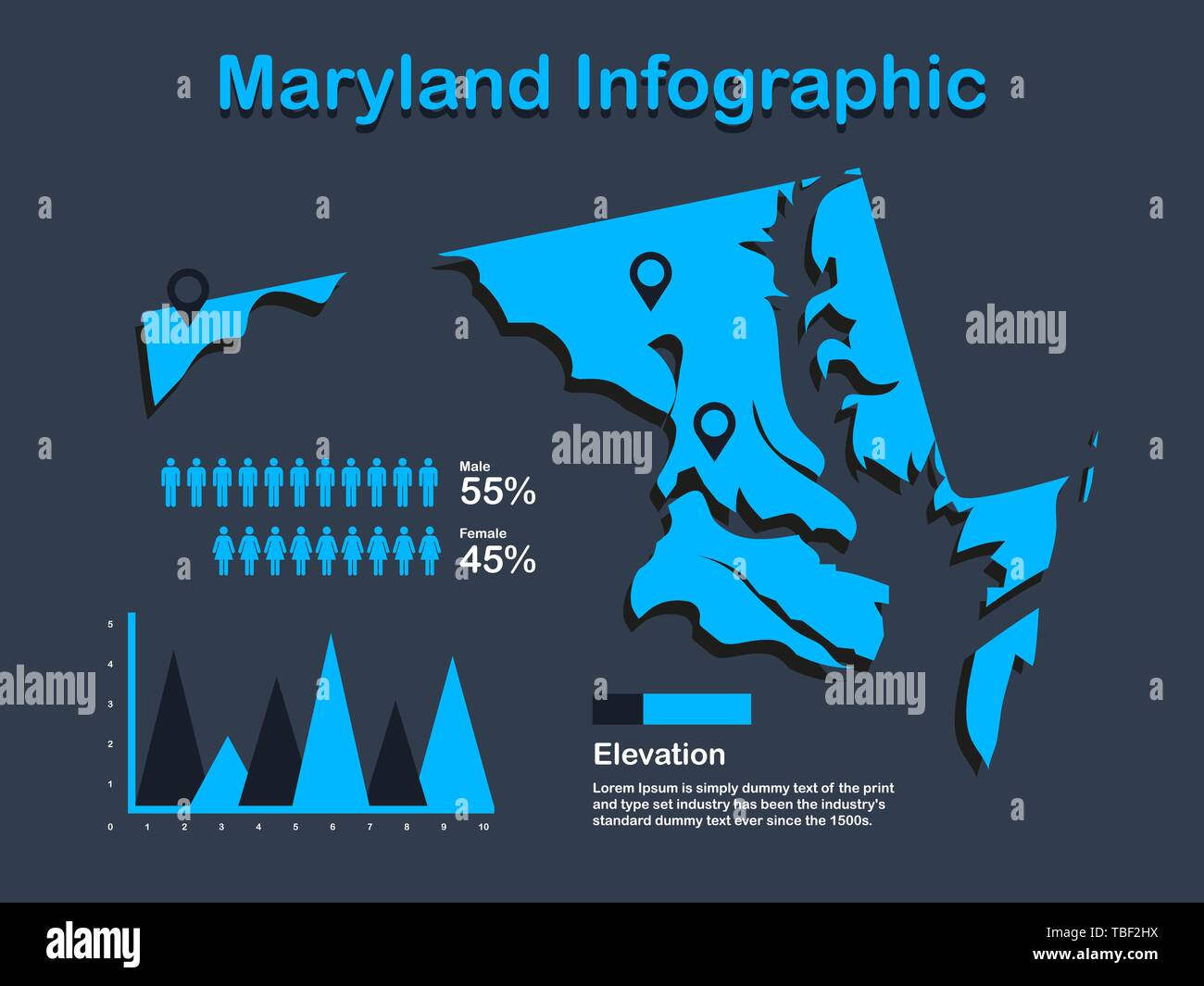 Stato del Maryland (USA) Mappa con set di elementi infografico in colore blu in uno sfondo scuro. Informazioni moderno elemento di grafica per il tuo design. Illustrazione Vettoriale