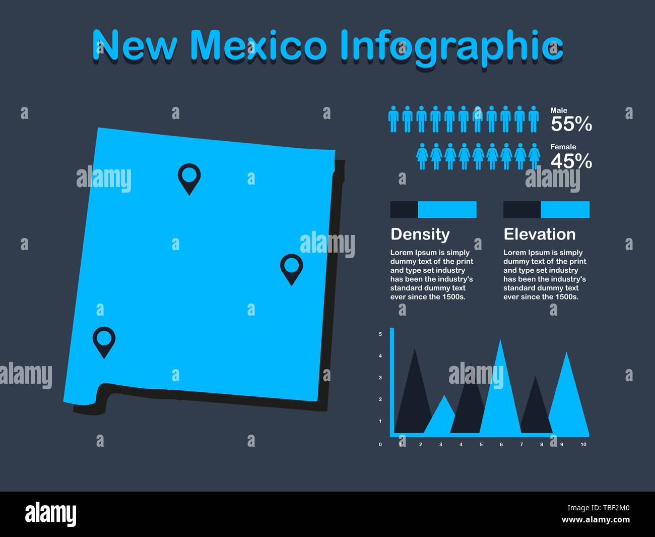 Stato del New Mexico (USA) Mappa con set di elementi infografico in colore blu in uno sfondo scuro. Informazioni moderno elemento di grafica per il tuo design. Illustrazione Vettoriale