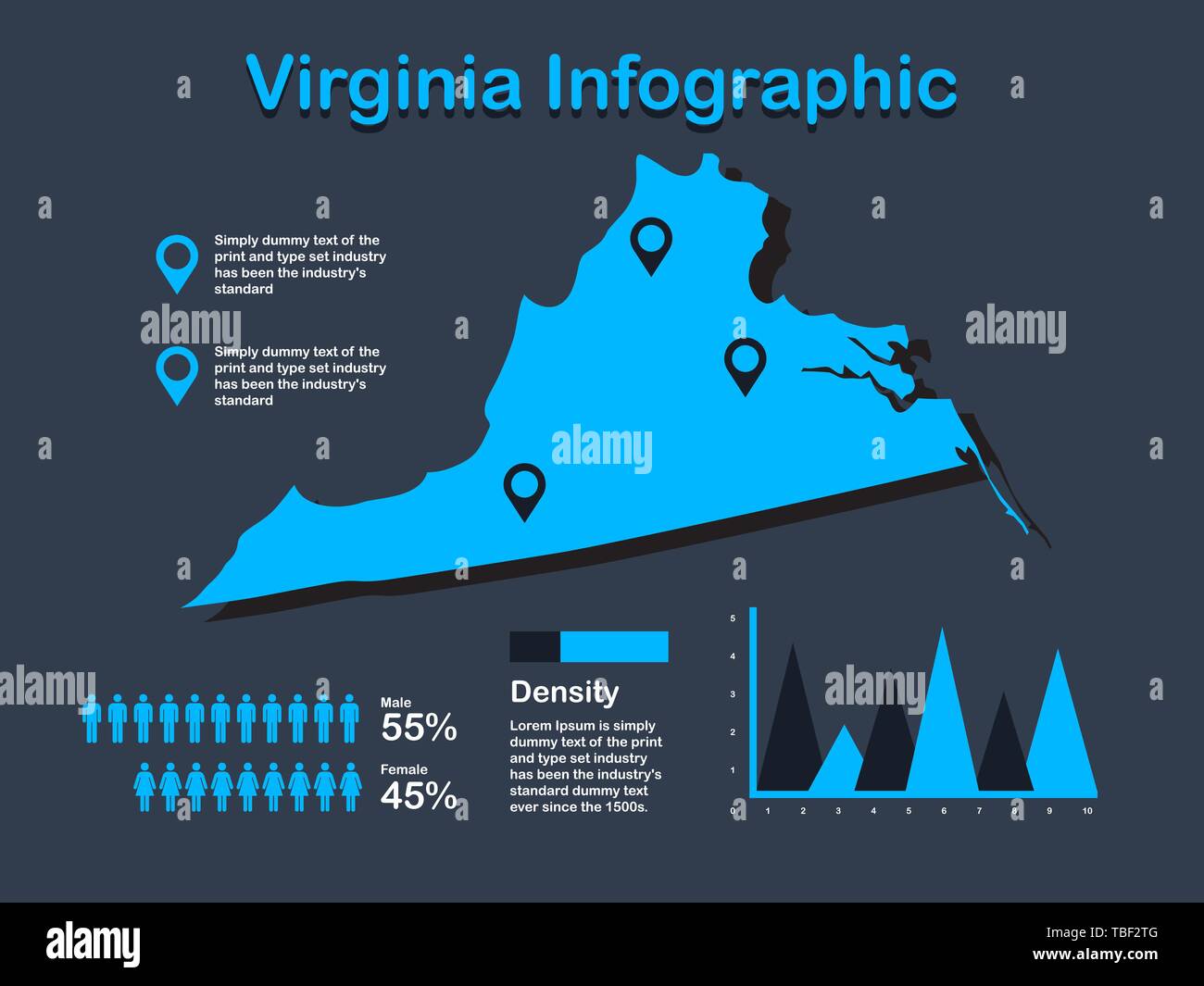Stato della Virginia (USA) Mappa con set di elementi infografico in colore blu in uno sfondo scuro. Informazioni moderno elemento di grafica per il tuo design. Illustrazione Vettoriale