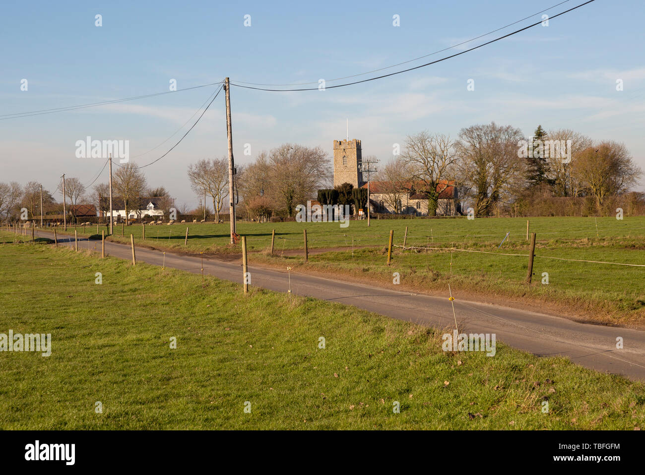 Villaggio Verde e la chiesa di St Michael South Elmham, Suffolk, Inghilterra, Regno Unito linee elettriche Foto Stock