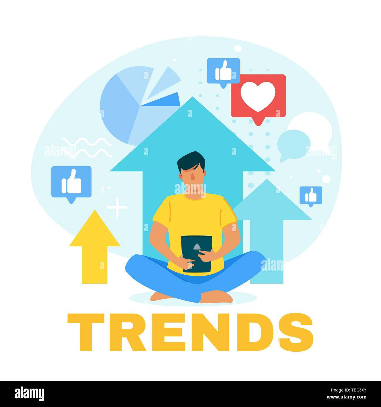 Blogger analizzando le tendenze future vettore piana banner web modello. Internet vlogger previsione delle tendenze di Internet. SMM, SEO, digital marketing strateg Illustrazione Vettoriale