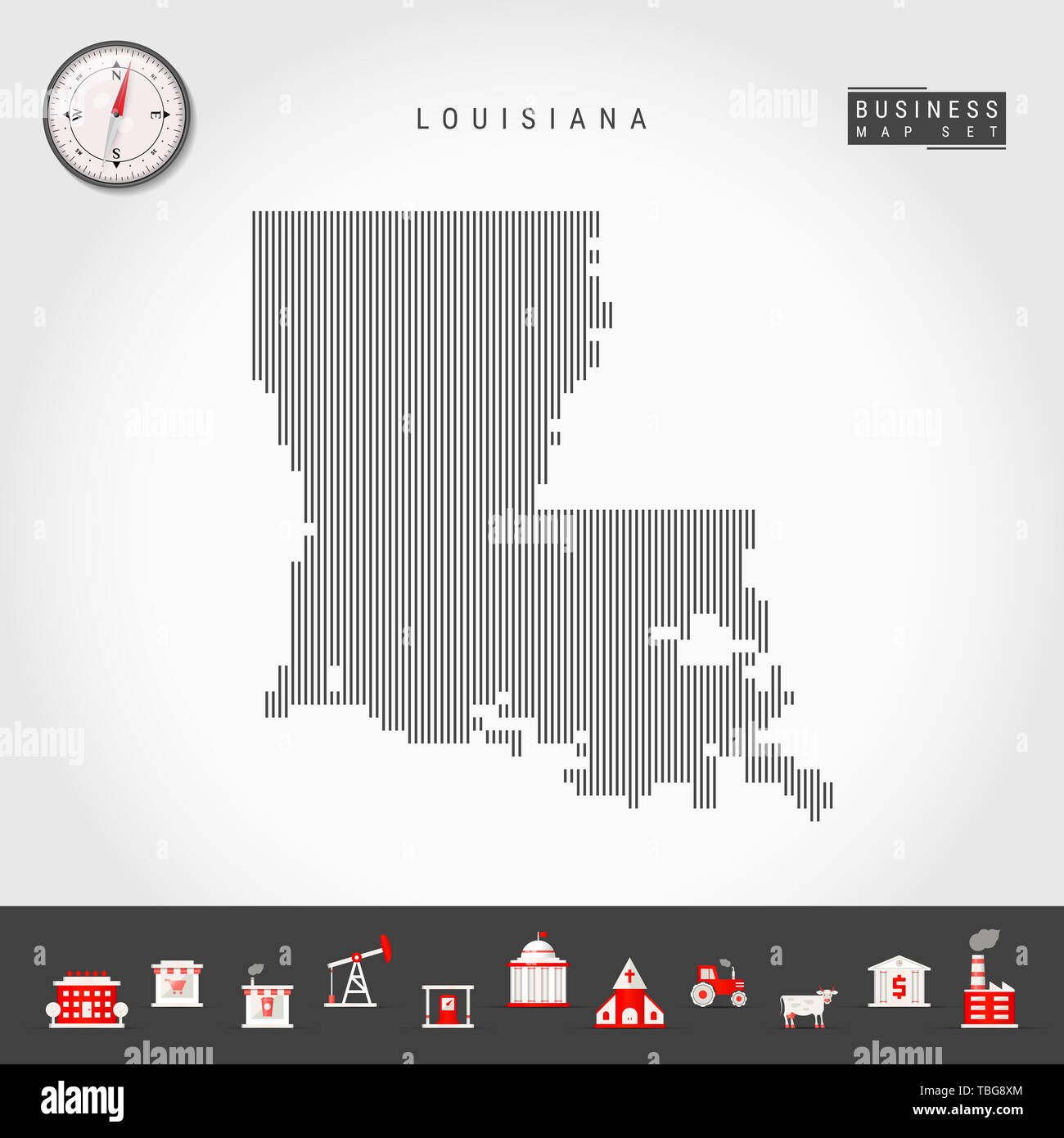 Linee verticali modello mappa della Louisiana. In striping semplice silhouette della Louisiana. Bussola realistiche. Infografico Business icone. Foto Stock
