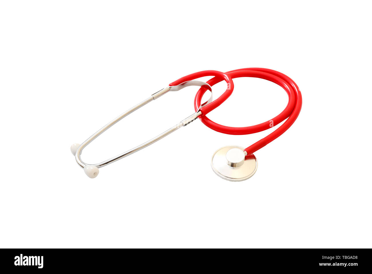 Attrezzature mediche stetoscopio rosso isolato su bianco Foto Stock