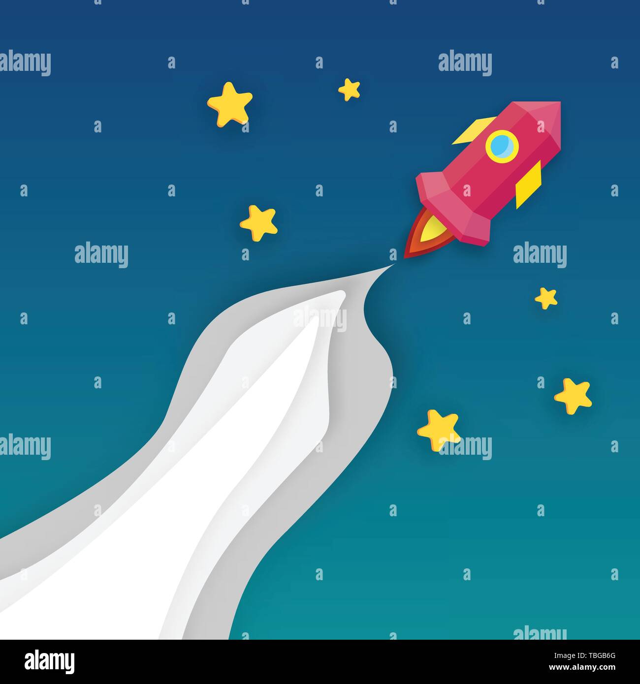 Lancio del razzo nello spazio infinito. Business start up e concetto di crescita. La carta di arte e artigianato digitale tema. Illustrazione Vettoriale