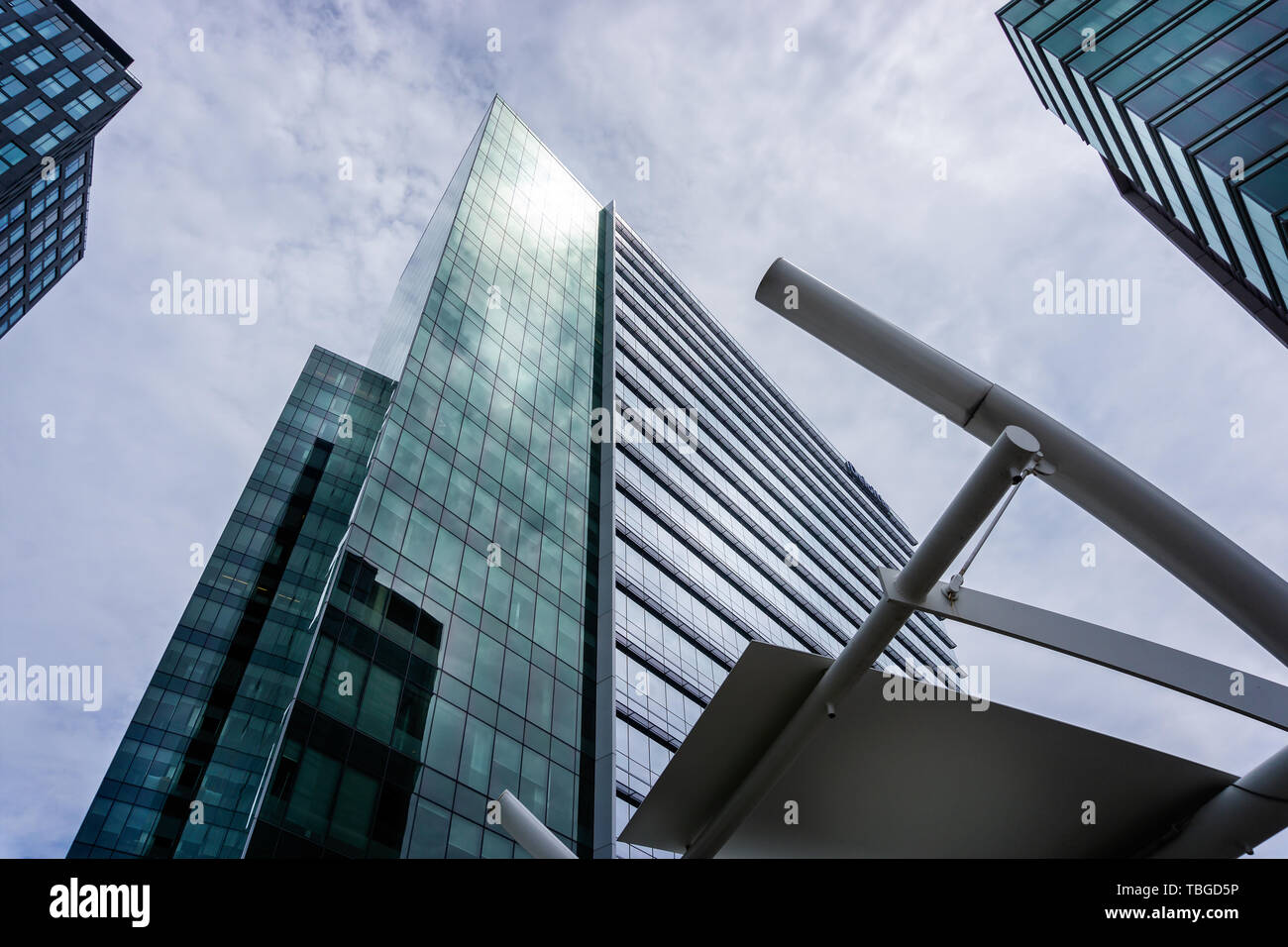 Vista guardando fino ad alti edifici che circondano Tysons Corner a Washington DC, Stati Uniti d'America il 11 maggio 2019 Foto Stock