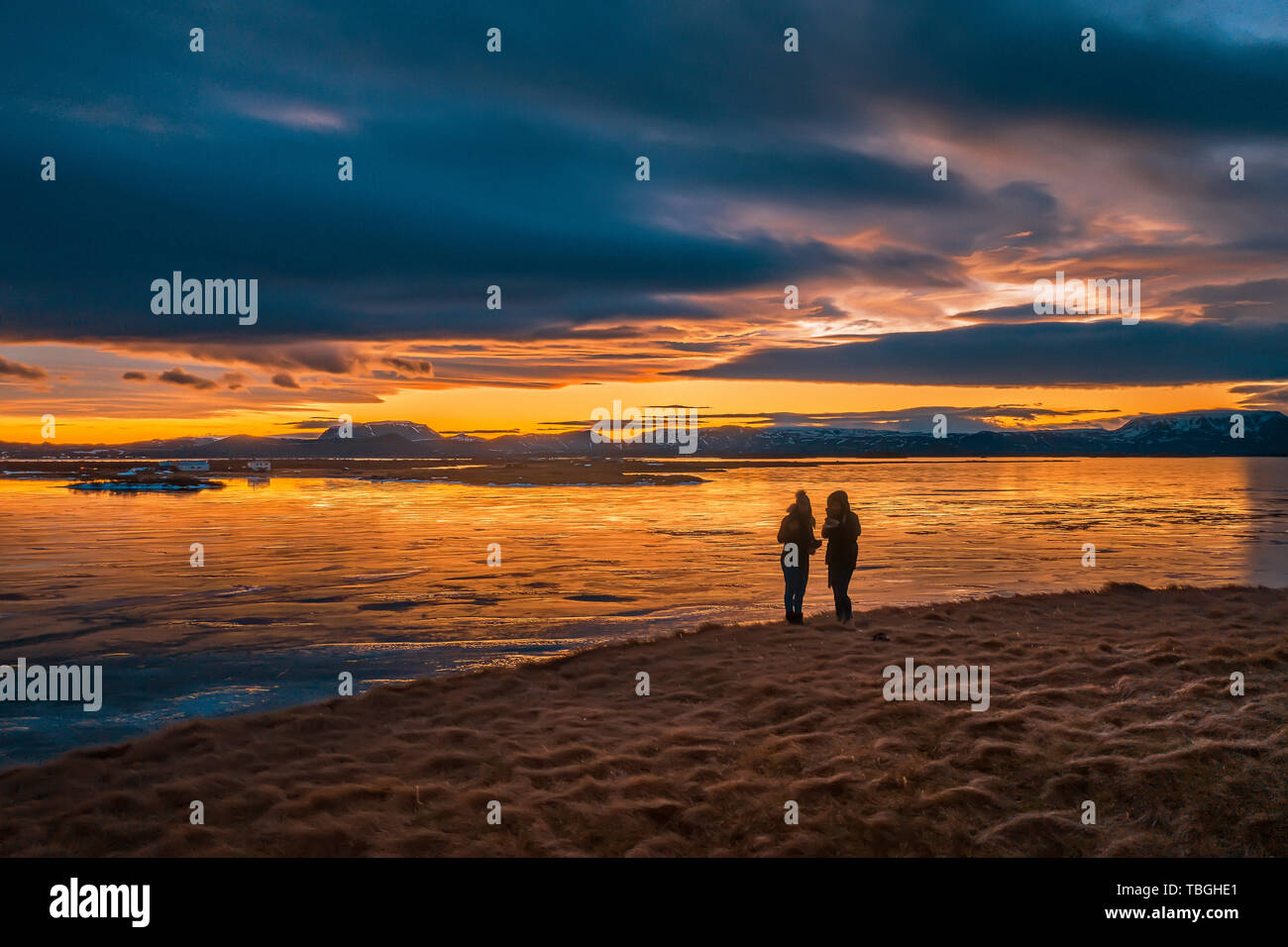 Tramonto in inverno, Lago Myvatn, Islanda Foto Stock