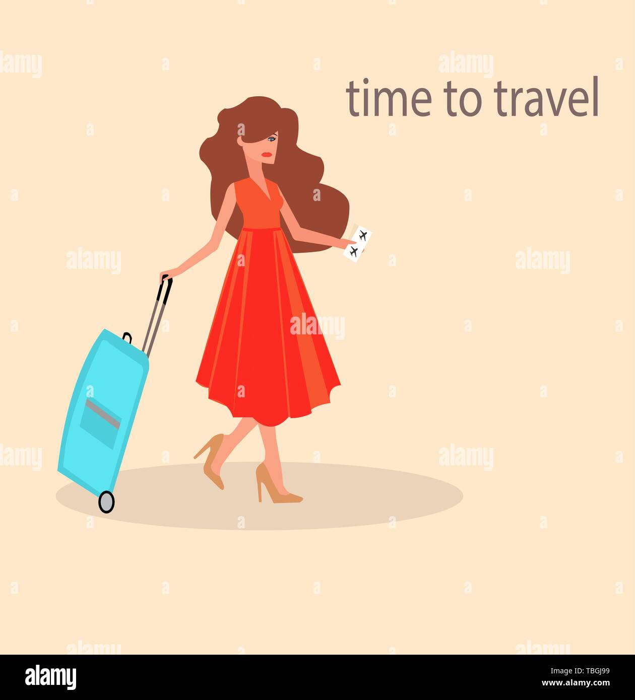Vettore di una moda donna giovane viaggiatore con valigia e biglietto aereo. Illustrazione Vettoriale