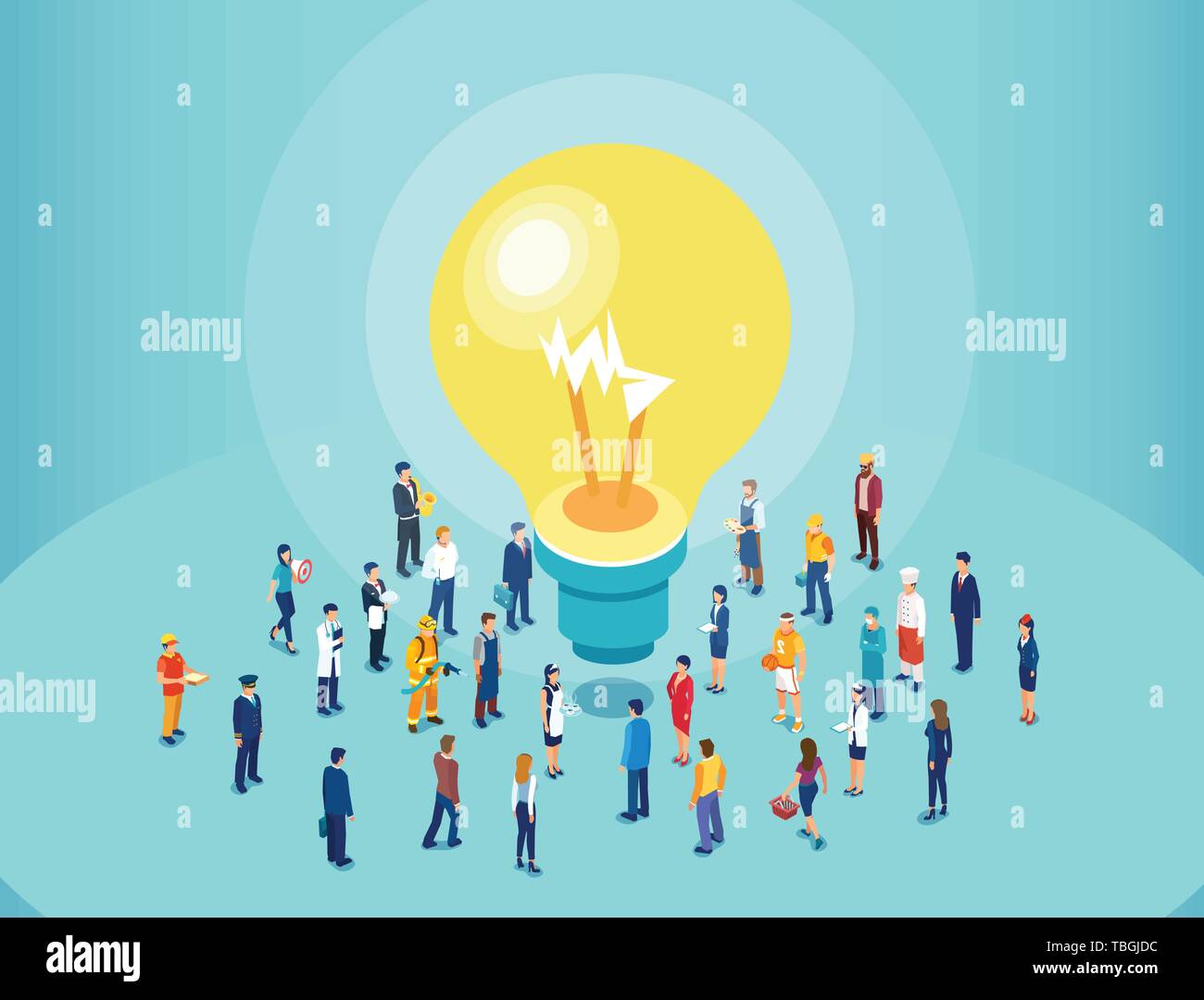 Vettore di diverse persone il brainstorming grande idea. Casual gli uomini e le donne in piedi intorno a lampadina. Illustrazione Vettoriale