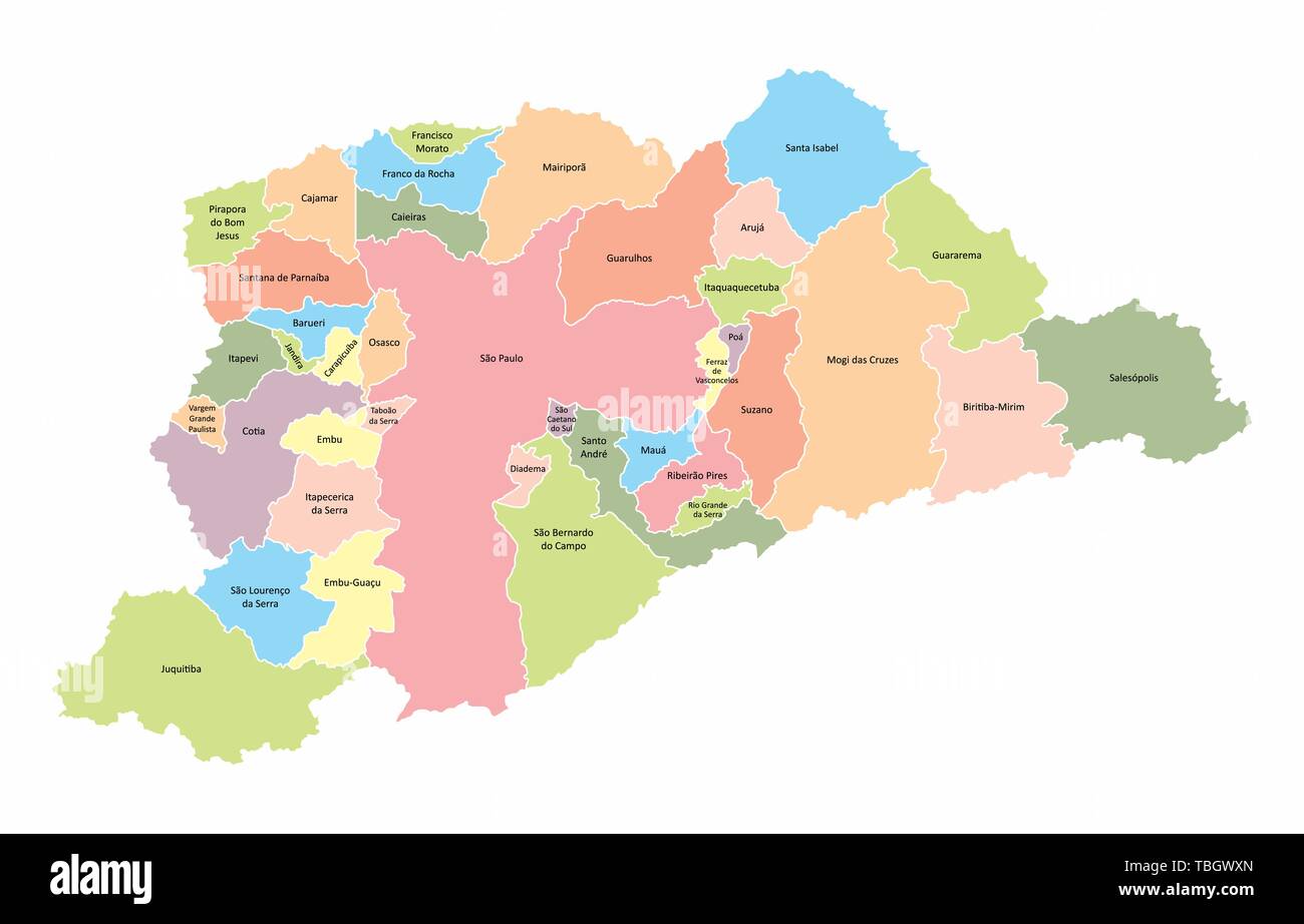 Una mappa di Sao Paulo regione metropolitana con frontiere comuni, Brasile Illustrazione Vettoriale