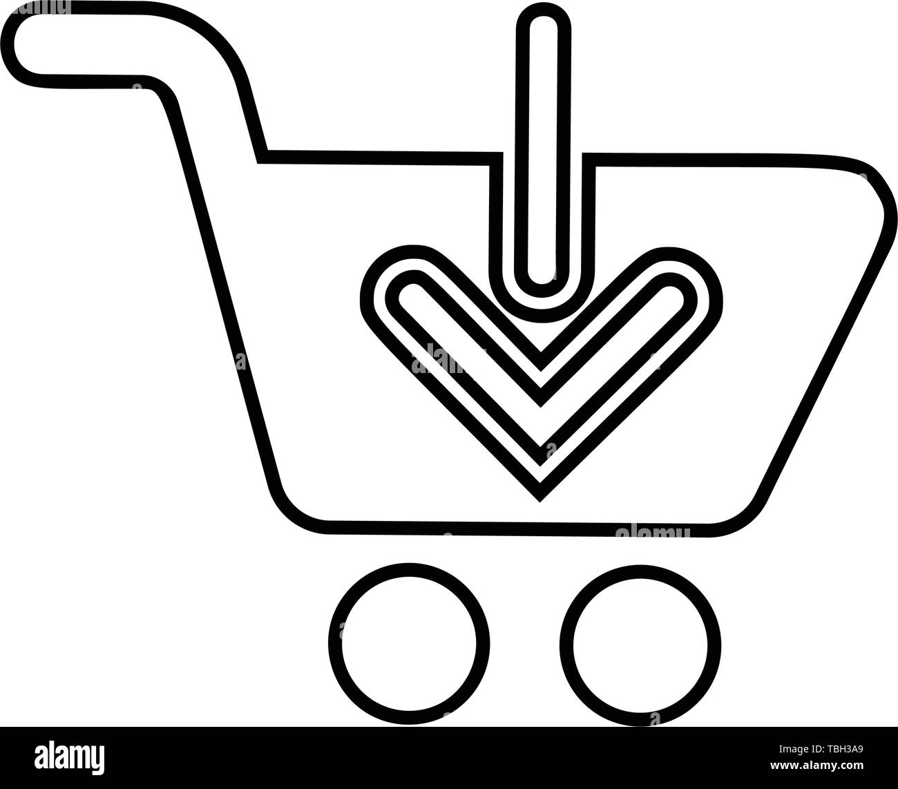 Una freccia verso il basso sulla pushcart concetto di aggiungere al carrello vector Illustrazione Vettoriale