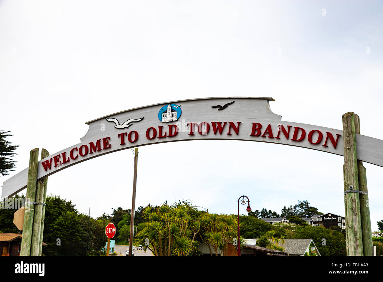 Bandon segno di benvenuto su strada nella Città Vecchia Bandon. Bandon, Oregon Foto Stock