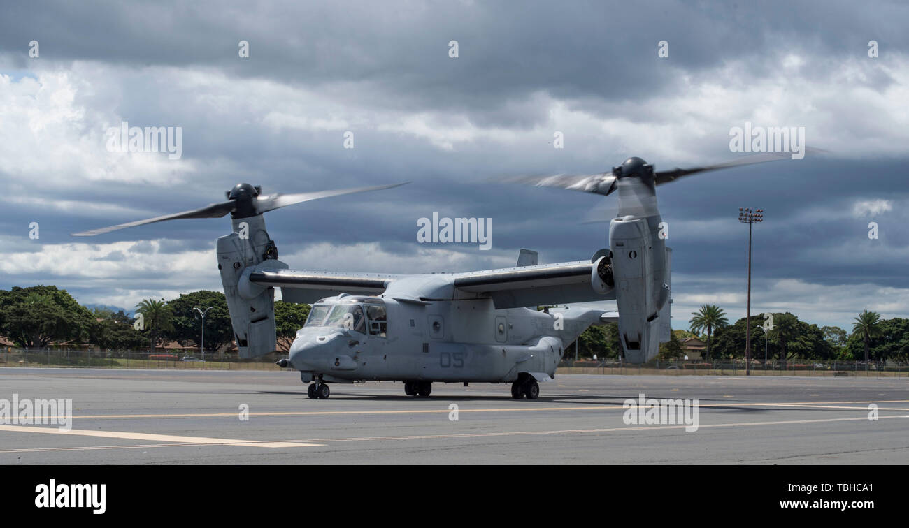 Un MV-22 Osprey assegnato al mezzo squadrone Tiltrotor, terzo aeromobile marino ala, da Marine Corps Air Station Miramar, California, hanno partecipato a una marcia di avanzamento esercizio operativo su base comune Harbor-Hickam perla, Hawaii, 12 maggio 2019. Aviosuperficie di Hickam supportato NEGLI STATI UNITI Marine Corps attività di formazione per migliorare le capacità di combattimento in tutto l'Indo-Pacifico regione. (U.S. Air Force foto di Tech. Sgt. Heather Redman) Foto Stock