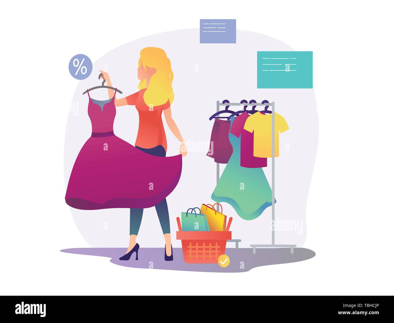 Womens shopping. La ragazza sta cercando su un abito Illustrazione Vettoriale