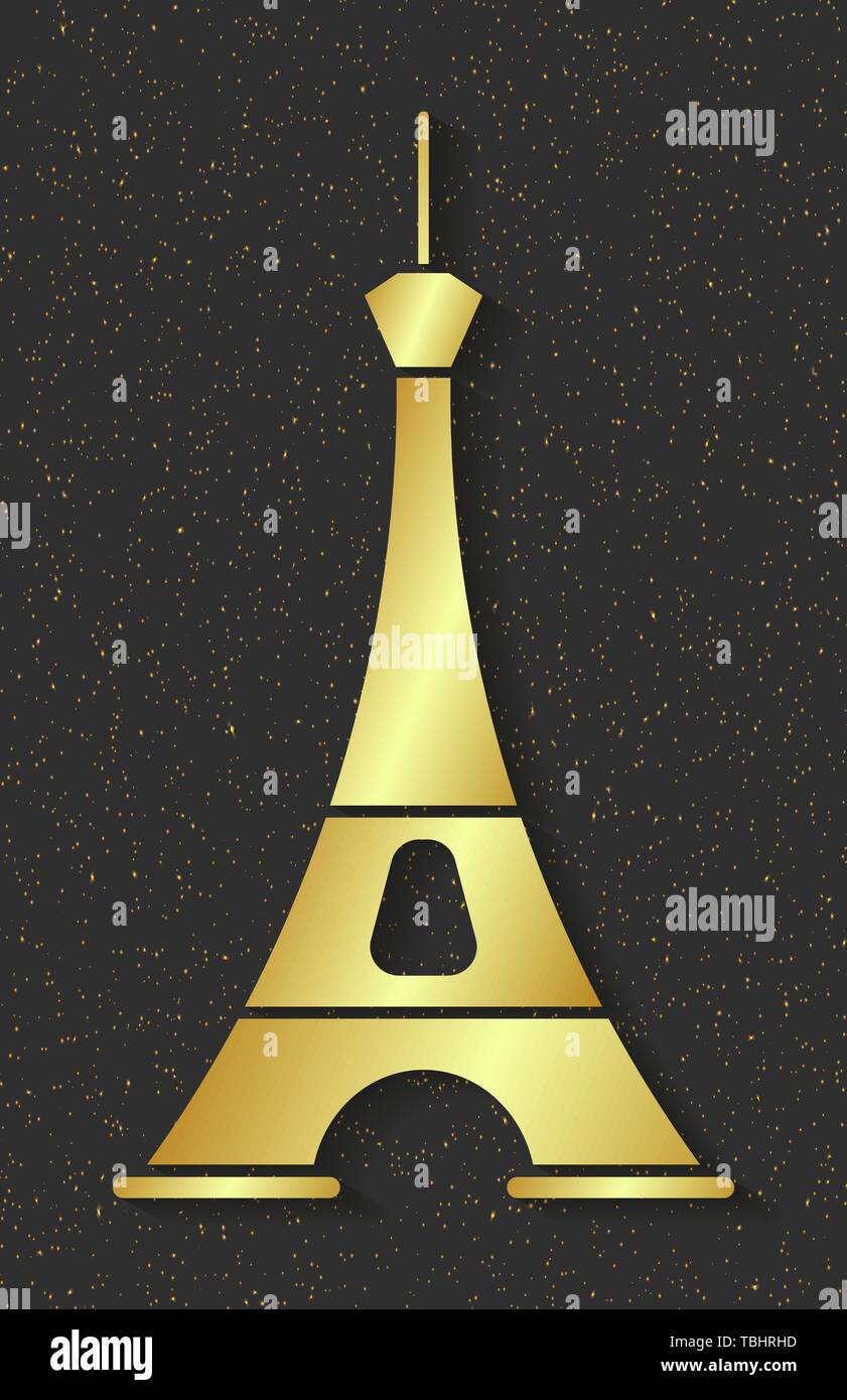 Golden Torre Eiffel. Elemento di design per le mappe, banner, volantini, scritte isolato su sfondo scuro. Illustrazione Vettoriale