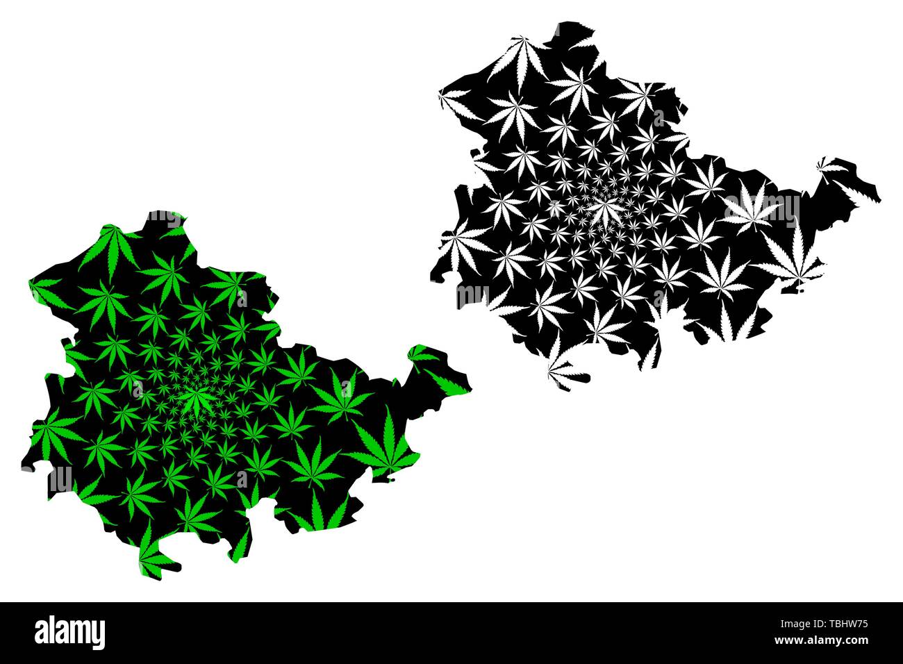 Turingia (Repubblica federale di Germania, Membro della Germania) mappa è progettato Cannabis leaf verde e nero, Turingia mappa fatta di marijuana (marihuana,TH Illustrazione Vettoriale