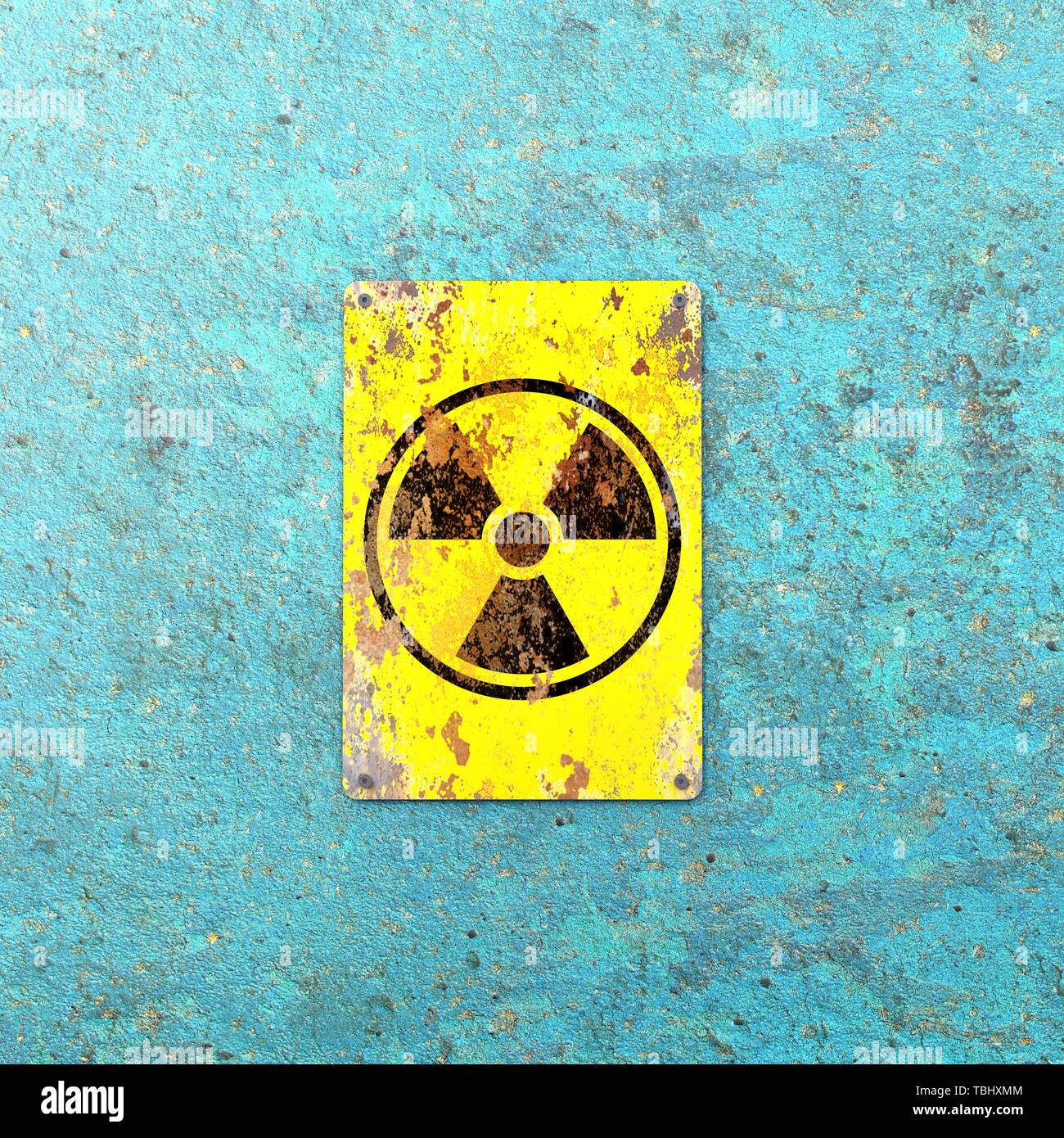 Sito nucleare, segno appeso a una parete di blu. Indicazione della presenza di un area radioattivi, 3d rendering. Le armi nucleari. Luogo pericoloso Foto Stock