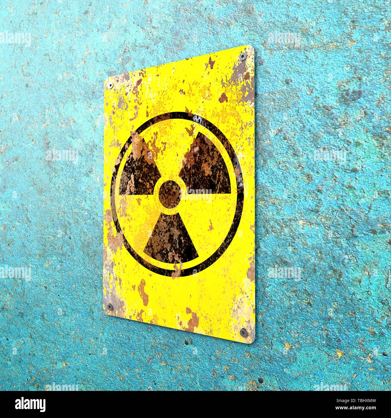 Sito nucleare, segno appeso a una parete di blu. Indicazione della presenza di un area radioattivi, 3d rendering. Le armi nucleari. Luogo pericoloso Foto Stock