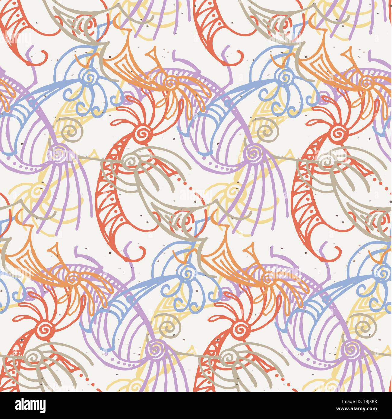 Disegnata a mano Kokopelli seamless pattern. Stilizzata personaggi mitici suonando i flauti. Illustrazione Vettoriale