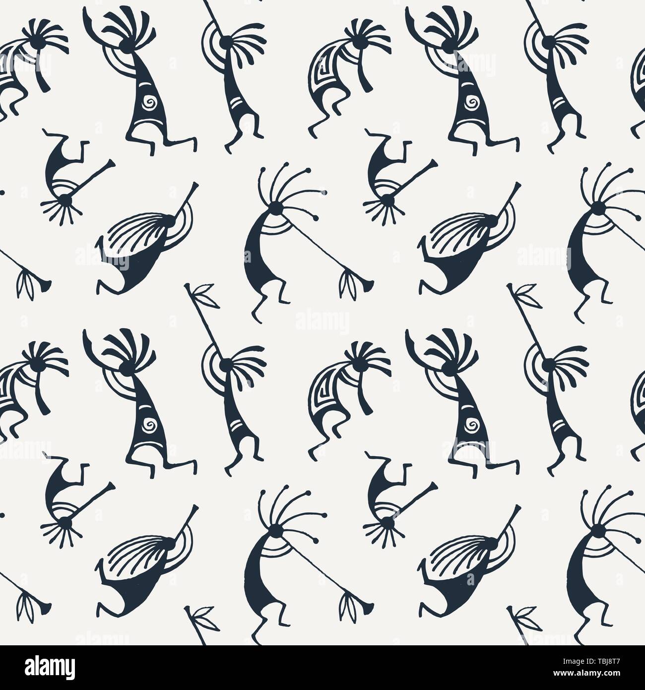 Disegnata a mano Kokopelli seamless pattern. Stilizzata personaggi mitici suonando i flauti. Illustrazione Vettoriale