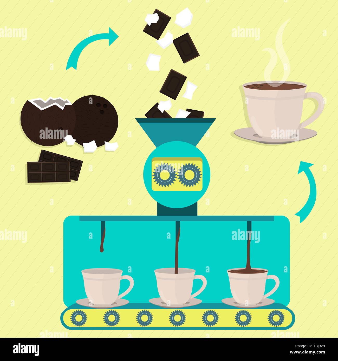 Cioccolata calda tazza di latte di cocco con la linea di produzione della serie. Brocca del latte. La fabbrica di cioccolata calda tazza di latte di cocco con. Barra di cioccolato e pezzi di c Illustrazione Vettoriale