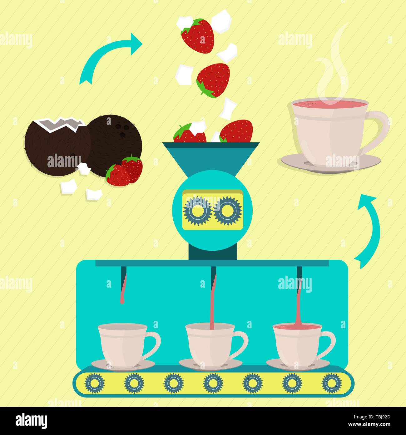 Fragola calda tazza di latte di cocco con la linea di produzione della serie. Brocca del latte. La fabbrica di fragola calda tazza di latte di cocco con. Fragole e pezzo Illustrazione Vettoriale