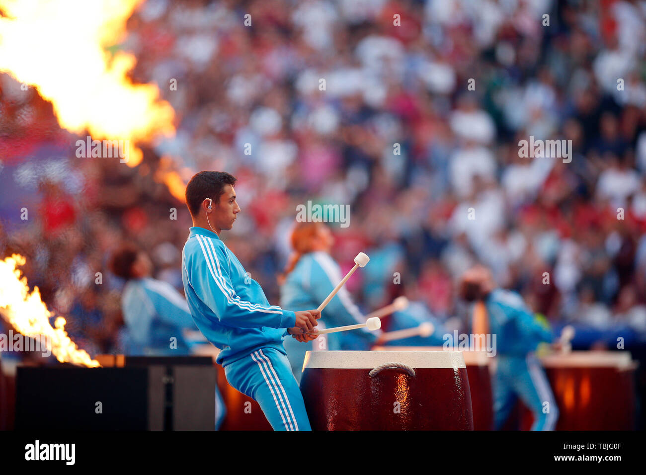 Madrid, Spagna. Dal 01 Giugno, 2019. Drumming visualizza prima il round finale della UEFA Champions League tra Tottenham Hotspur FC e Liverpool FC a Wanda Metropolitano Stadium in Madrid. Punteggio finale: Tottenham Hotspur FC 0 - 2 Liverpool FC. Credito: SOPA Immagini limitata/Alamy Live News Foto Stock