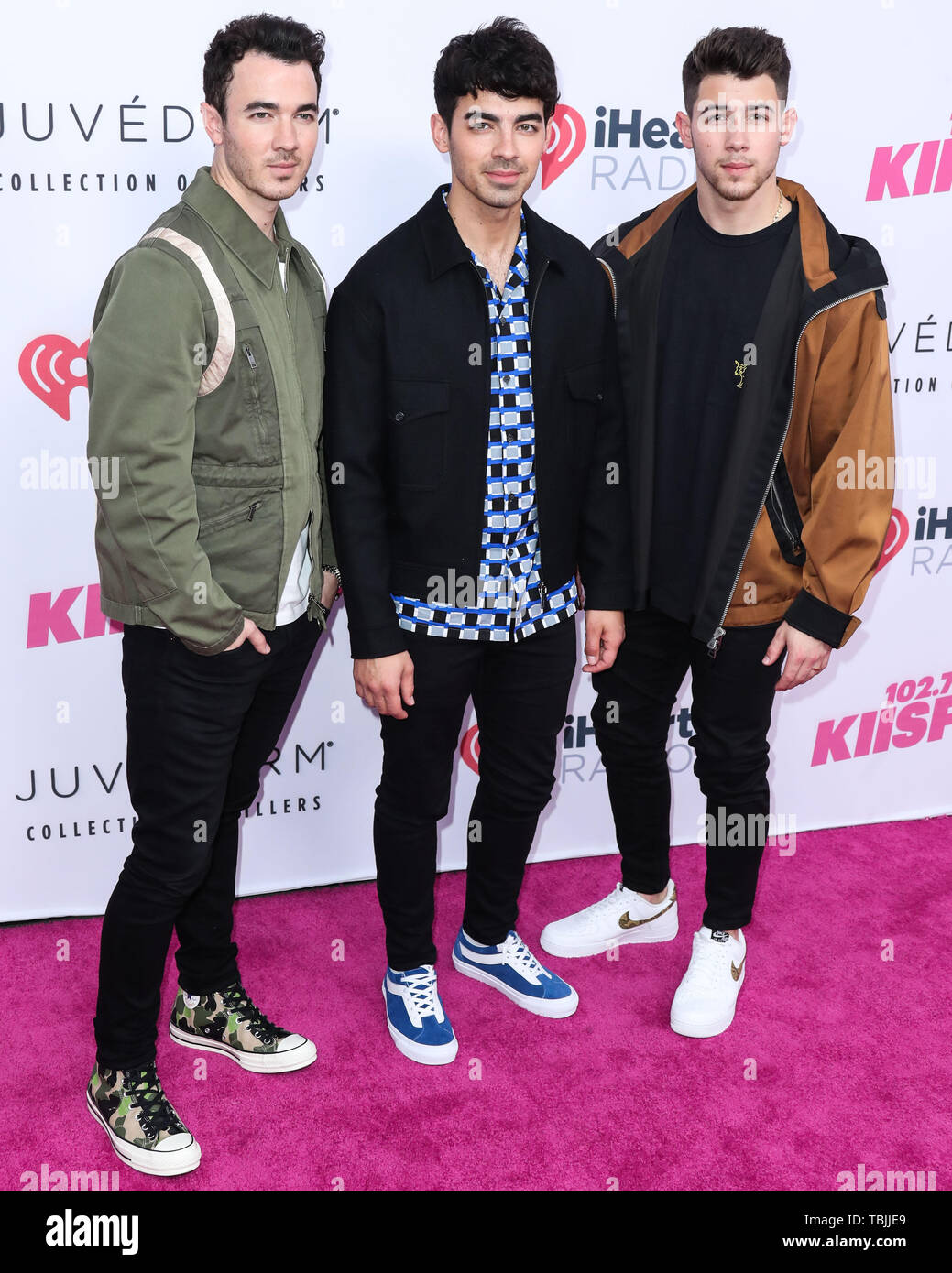 CARSON, Los Angeles, California, Stati Uniti d'America - 01 giugno: Kevin Jonas Joe Jonas e Nick Jonas dei Jonas Brothers arrivano al 2019 iHeartRadio Wango Tango tenuto presso la dignità Salute Sport Park il 1 giugno 2019 a Carson, Los Angeles, California, USA. (Foto di Xavier COLLIN/Image Press Agency) Foto Stock