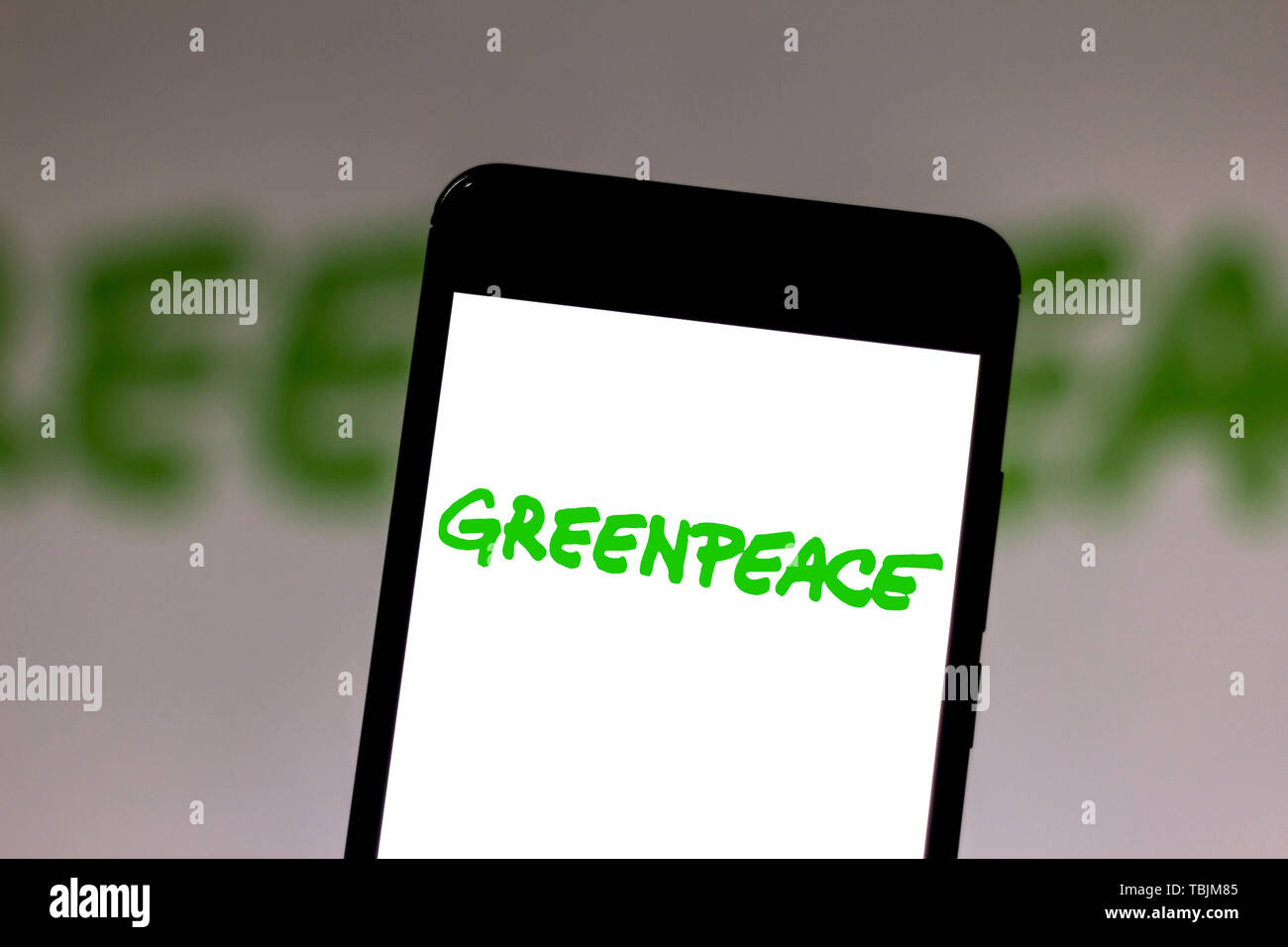 Il Brasile. Il 1 giugno, 2019. In questa illustrazione della foto di un logo di Greenpeace si vede visualizzato su uno smartphone. Credito: Rafael Henrique SOPA/images/ZUMA filo/Alamy Live News Foto Stock