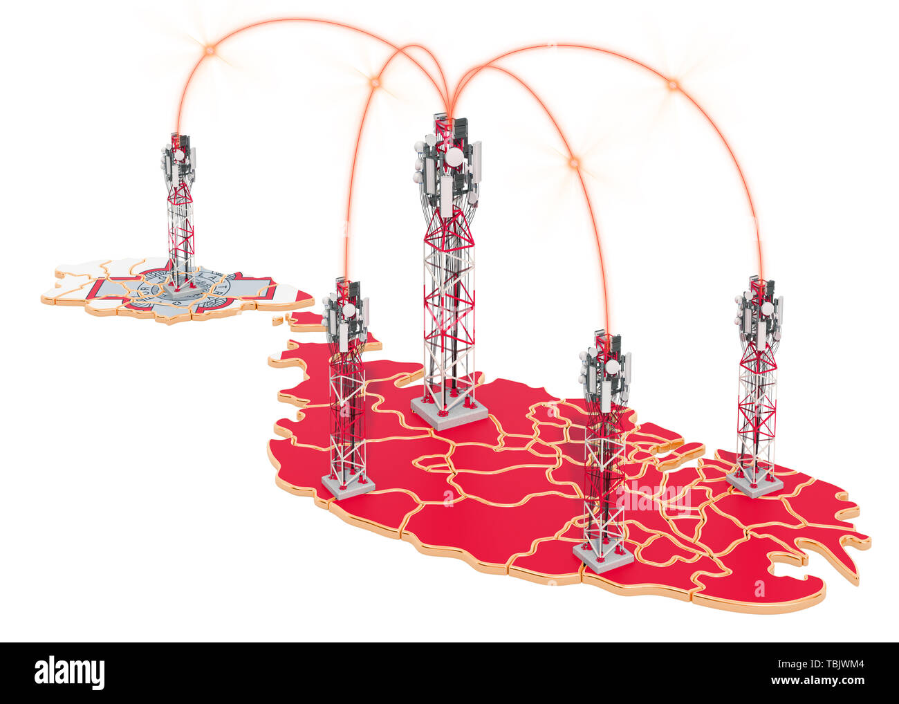Comunicazioni mobili in Malta, ripetitori sulla mappa. 3D rendering isolati su sfondo bianco Foto Stock