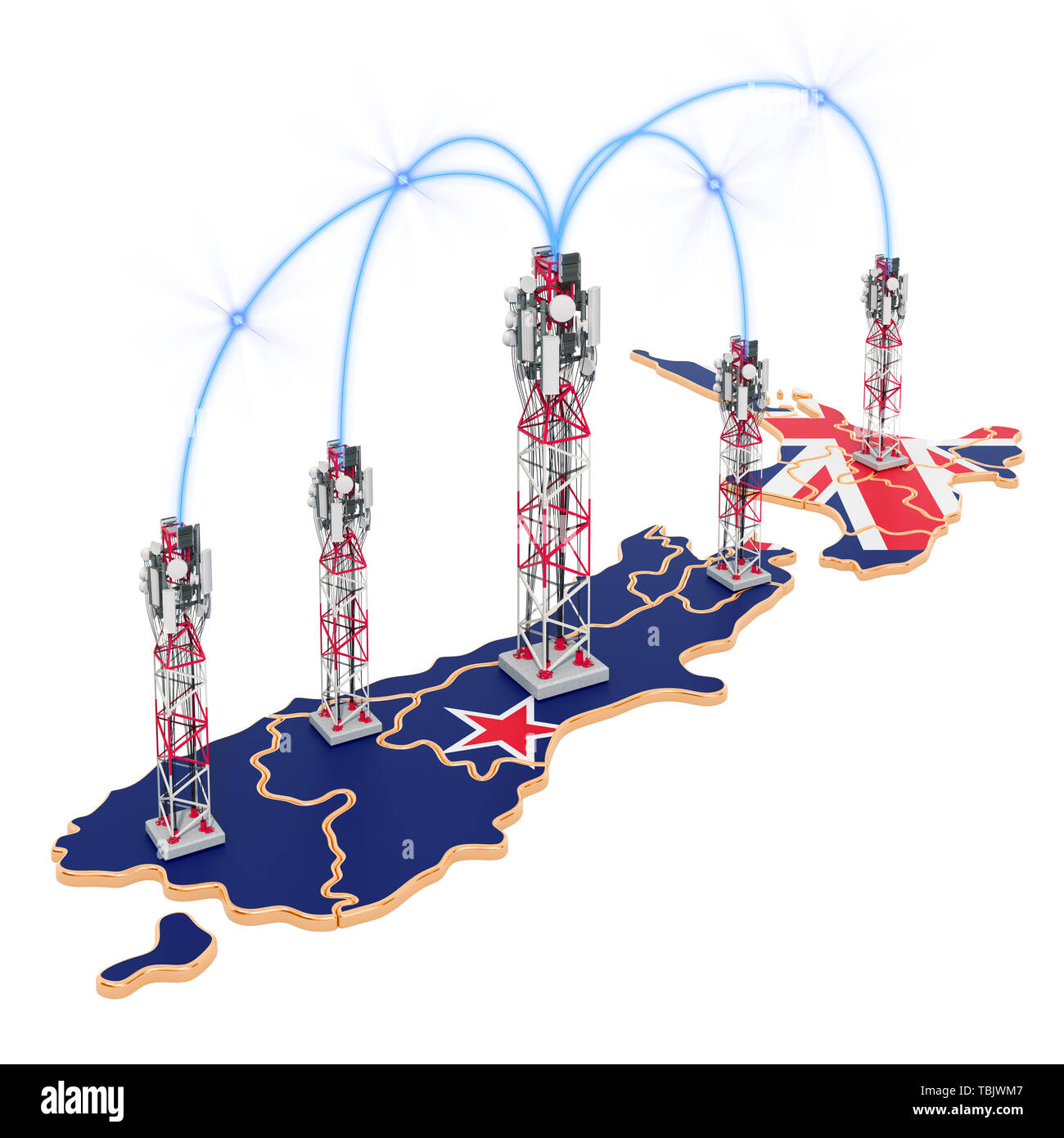 Comunicazioni mobili in Nuova Zelanda, ripetitori sulla mappa. 3D rendering isolati su sfondo bianco Foto Stock